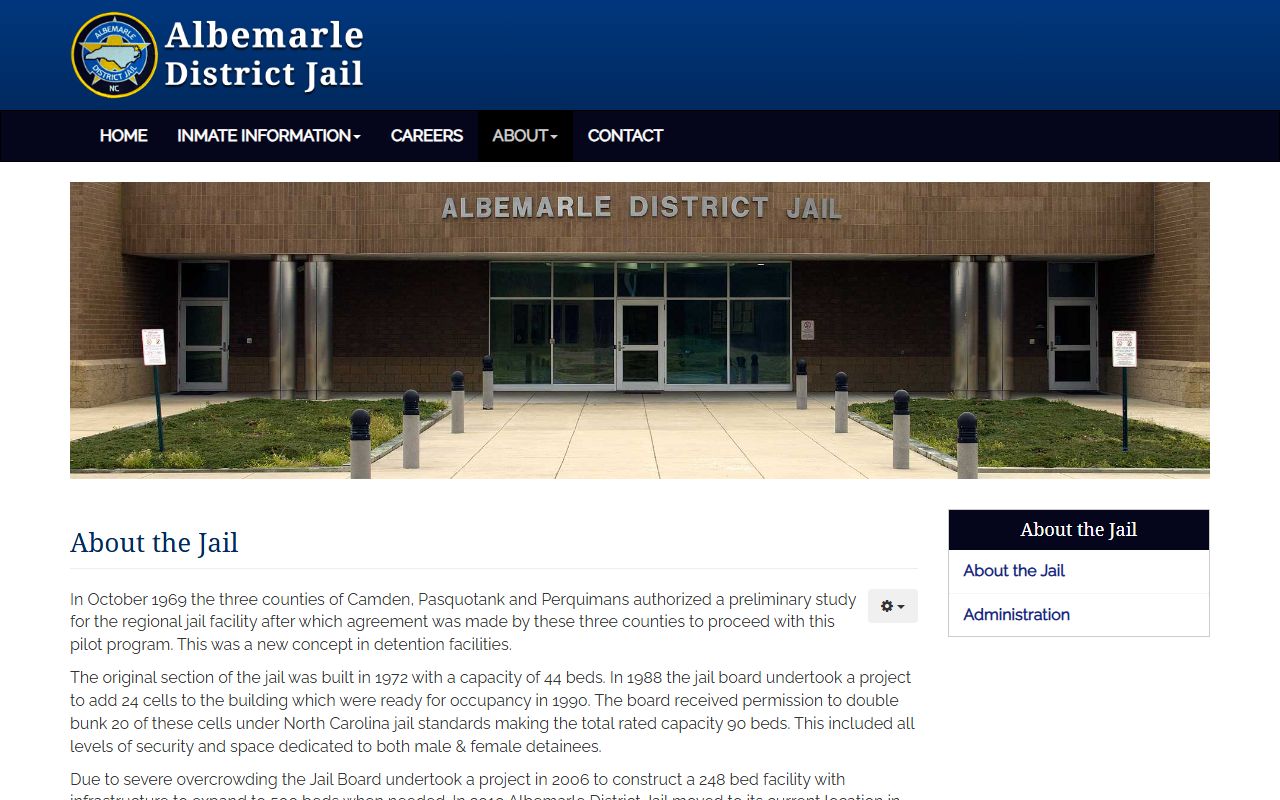 Pasquotank County inmate population Albemarle District Jail history and capacity page